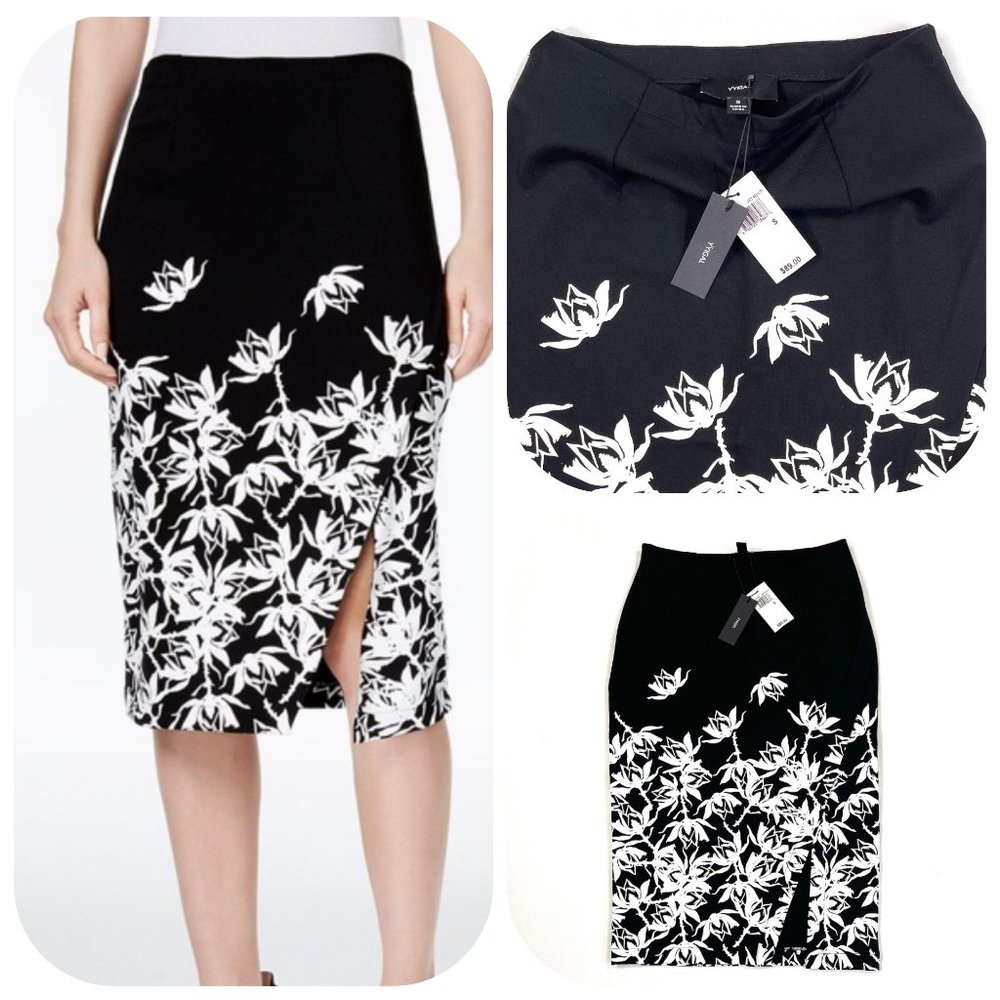 NWT YYigal ASYMMETRICAL pensil skirt  Black with White Floral Design